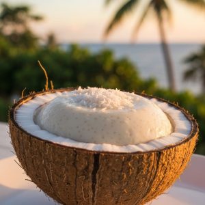 coconut pudding dessert in coconut shell