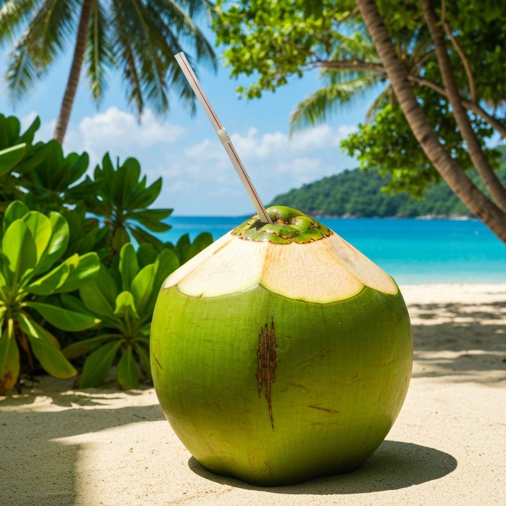 fresh green coconut with straw on tropical backgro